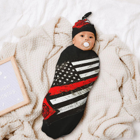 USA Thin Red Line Firefighter Axe Pattern Baby Newborn 100% Cotton Swaddle Blanket with Beanie Hat Set Cotton Receiving Blankets Sleep Sack for Gi...