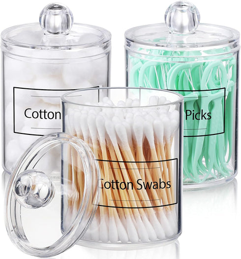 AOZITA 3 Pack Qtip Holder Dispenser for Cotton Ball, Cotton Swab, Cotton Round Pads, Floss - 10 oz Clear Plastic Apothecary Jar Set for Bathroom C...
