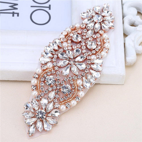 Rose Gold Rhinestone Applique XINFANGXIU Crystal Beaded Patch for Bridal Wedding Dress Sash Belt...