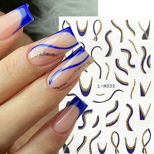6 Sheets French Tip Nail Art Stickers 3D Self-Adhesive Gold Glitter Nail Decals Stripes Waves Lines Nail Design Stickers Acrylic Nail Art Supplies...