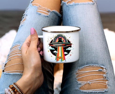 Retro UFO Cat Fish Abduction Extraterrestrial Paranormal Enamel Campfire Mug, Fun Outdoor Camping Coffee Cup (16oz)...