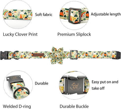 Elegant little tail St. Patrick's Day Dog Collar, Dog Collar with Flower, Green Clover Dog Collar Pet Gift Dog Flower Adjustable Dog Collar for Sm...