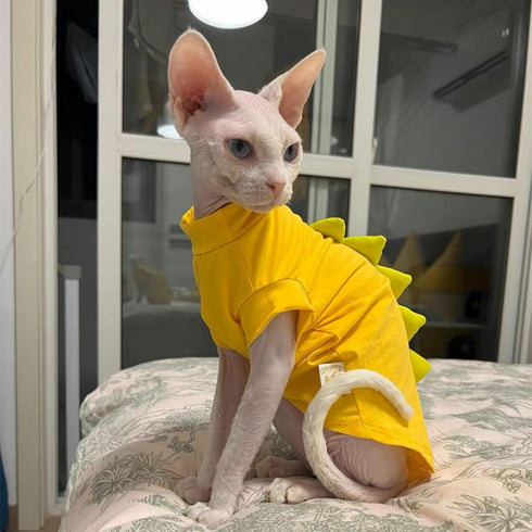 Dinosaur Design Sphynx Hairless Cat Clothes Cute Breathable Summer Cotton Shirts Cat Costume Pet Clothes,Round collar Kitten T-Shirts with Sleeves...