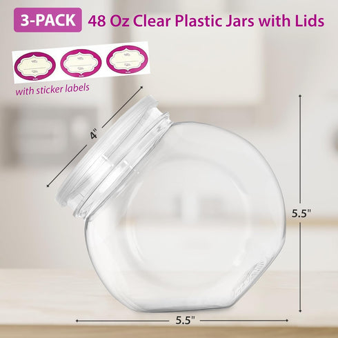 DilaBee 3 Pack Plastic Candy Jar - 48oz Round Candy Jars with Lids for Candy Buffet, Kitchen & Office Desk - Plastic Jars with Lids for Candy, Coo...
