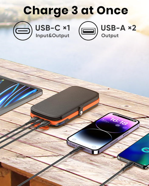 Hiluckey Solar Power Bank 10000mAh Built in 4 Panels 15W Fast Charging Solar Charger Outdoor Extenal Battery Pack for iPhone 15/15 Plus/15 Pro/15 ...
