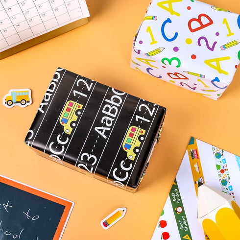 Whaline 12 Sheet Back to School Wrapping Paper Bulk Pencil Apple ABC Book Prints Gift Wrap Paper 19.7 x 27.6 Inch Folded Flat Art Paper for First ...