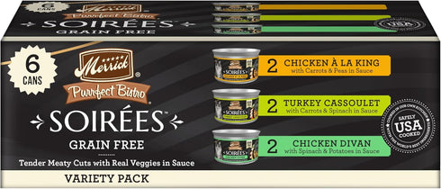Merrick Purrfect Bistro Soirees Grain Free Natural Canned Cat Food with Gravy Variety Pack, Chicken and Turkey - (Pack of 6) 2.75 oz. Cans...