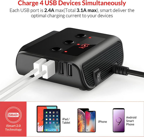 Car Cigarette Lighter Adapter, 12V/24V 120W 4 USB 3 Socket Splitter Car Chargers, LED Voltage Display On/Off Switches, Automotive Cigarette Lighte...