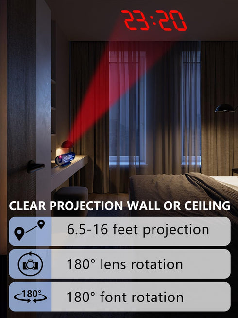 Projection Alarm Clock - 2024 New Projection Clock with 180° Rotatable Projector for Bedroom Ceiling - Clear LED Display, USB Charger Automatic Li...