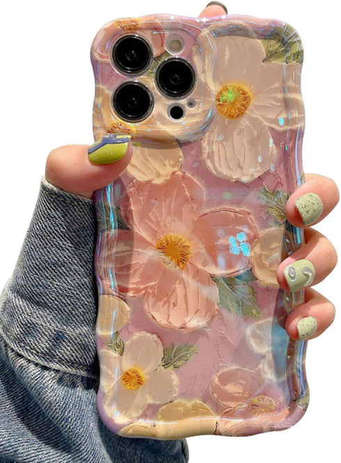 Jusy Oil Painting Flower Compatible with iPhone 11 Pro Max Case, Colorful Retro Floral Cute Curly Wave Frame Women Girls Cover for Apple 11 Pro Ma...