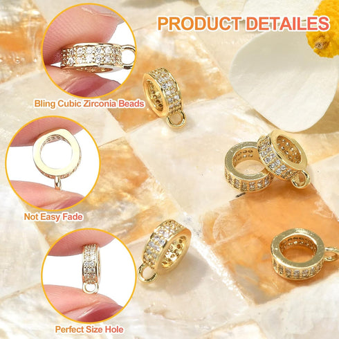 LiQunSweet 5Pcs Ring Brass Micro Pave Cubic Zirconia Hanger Links Bail Beads Dangle Hanger Beads for DIY Jewelry Making Supplies - 10x7.5mm(Golden...