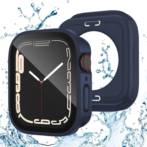 2 Pack Waterproof Case for Apple Watch Series 9 8 7 41mm Screen Protector, 2 in 1 Full Protective 9H Glass Face Cover Front & Back Hard PC Bumper ...