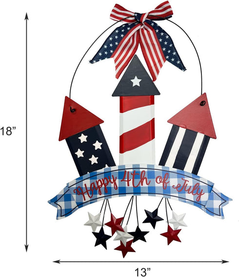Metal Hanging Americana Fireworks Sign Patriotic Wall Decor American Flag Hanging Metal Star Wreath 4th July Garden Yard Signs Independence Day In...