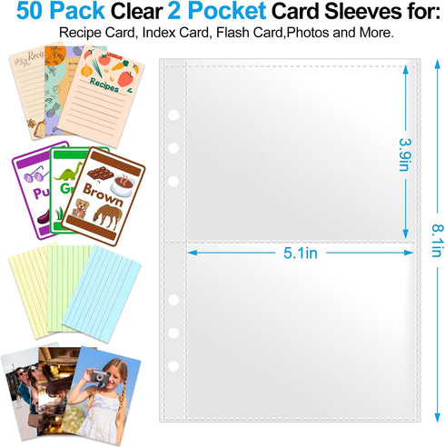 A5 Index Card Sleeves Binder Sheets - 50 Pack | Clear Plastic Refill 2 Pocket Page Protector for Recipe Cards, Photo Cards, Flash Cards | Fits 6-R...