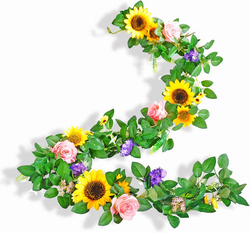 Naidiler Artificial Flower Garland, Sunflower & Rose Vines, Boho Wedding & Birthday Decor, 6ft Straight, Pink & Yellow, Fabric & Plastic...