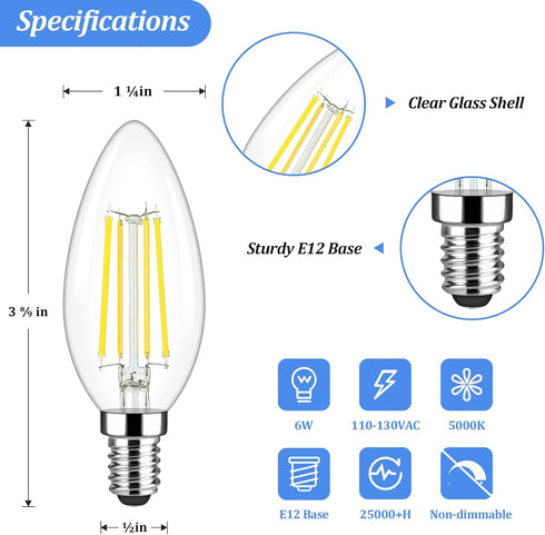 Brightever E12 Candelabra LED Light Bulbs 60 Watt Equivalent, 620 Lumen 6W Clear LED Filament Candle Bulbs, Daylight White 5000K Non-Dimmable Chan...