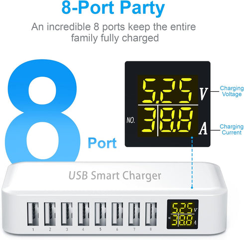 USB Charging Station, Ziwodiv 8-Port 60W/12A USB Charger Station, Multi Ports USB-A Charging Hub with LED Display, Compact Desktop Charger for Mul...