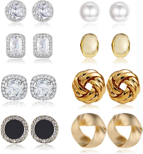 8 Pairs Stud Earrings Set for Women Cubic Zirconia Halo Studs Gold Knot Twist Stud Earrings Faux Pearl Simple Post Earrings for Women...