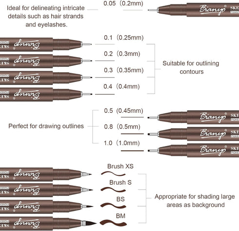 Bianyo Sepia Tone Drawing Pen Set, 12 Assorted Sizes Sketch Liner, Water-Resistant Archival and Pigment Ink Art Pens, Precision Drawing and Sketch...