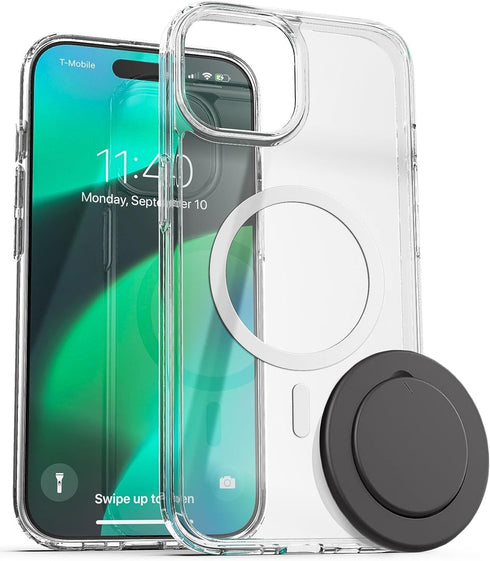 ENCASED Clear Case for iPhone 15 with Removable Magnetic Grip - Flat Collapsible Phone Holder (Compatible with MagSafe)...