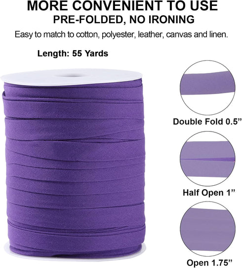 Bias Tape Double Fold 1/2 inch, Double Fold Bias Binding Tape 55 Yards (Purple) and 4 Pieces Sewing Fabric Chalks for Crafts, Sewing, Seaming, Hem...