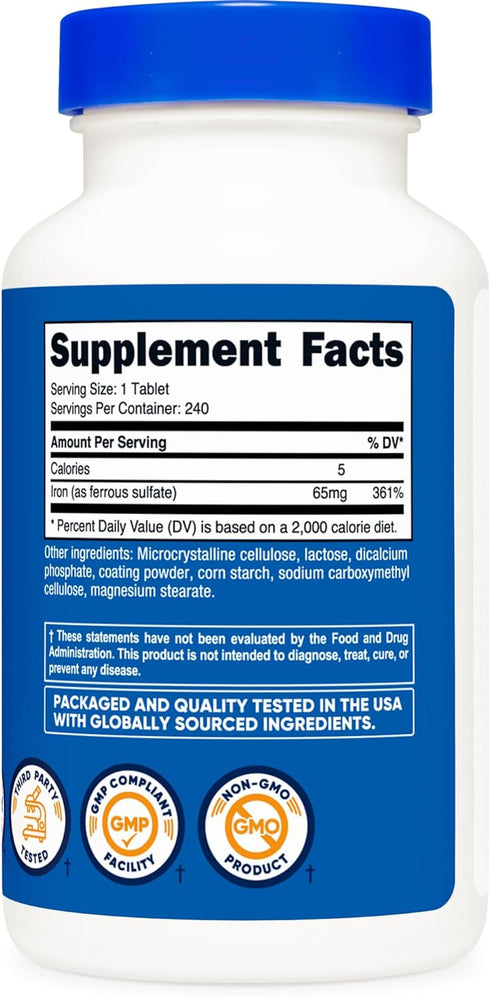 Nutricost Iron (As Ferrous Sulfate) 65mg, 240 Tablets - Non-GMO, Gluten Free...
