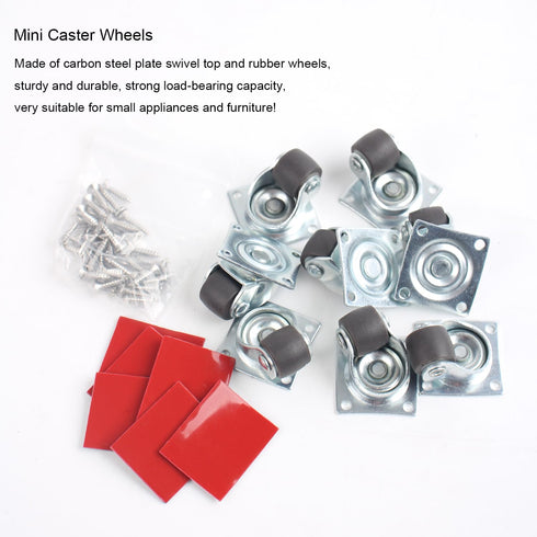 Mini Caster Wheels 0.5 Inch Low Profile Rubber Tiny Swivel Casters, Steel Top Plate Self Adhesive Caster Wheels for Small Appliances, Furniture, T...