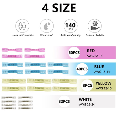 140PCS Butt Connectors Heat Shrink, Waterproof Butt Connectors, Waterproof Electrical Connectors, Marine Electrical Connectors, Butt Connectors Cr...