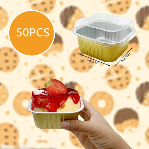 50 Pcs Aluminum Foil Mini Square Baking Cups with Lids,5oz Disposable Ramekins Cake Pans,Cupcake Baking Cups Containers for Bread Muffin Brownie C...