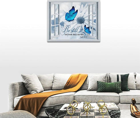Farmhouse Blue Butterfly Flower Decor Wall Art Rustic Country Window Be Still And Know That I Am God Pictures Wall Decor Canvas Painting Prints Ar...