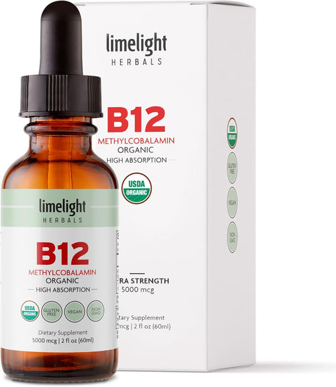 Organic Vitamin B12 Sublingual Drops, Extra Strength 5000 mcg Methylcobalamin, No Additives, Vegan Liquid B12 – Supports Energy Production, Nervou...