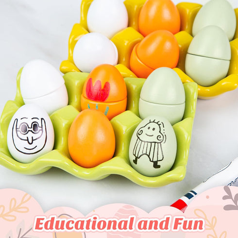 SallyFashion 6PCS Wooden Egg Toys, Easter Egg Toys Wooden Play Food Pretend Play Food Sets for Kids Early Development Learning Birthday Gifts...