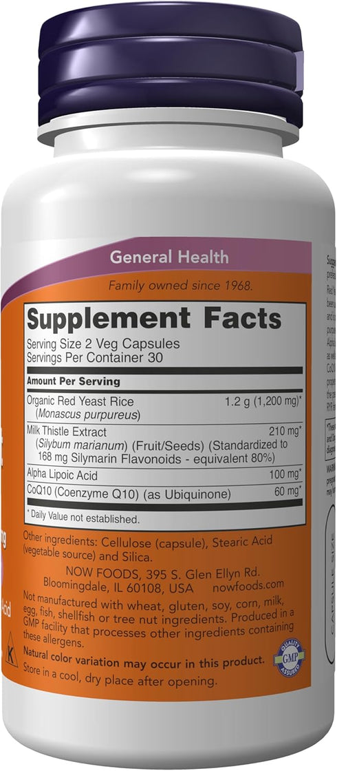 NOW Supplements, Red Yeast Rice with CoQ10, plus Milk Thistle & Alpha Lipoic Acid, 60 Veg Capsules...