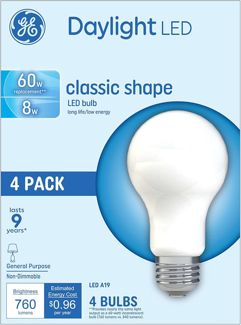 GE LED Light Bulbs, 60 Watt, Daylight, A19 (4 Pack)...