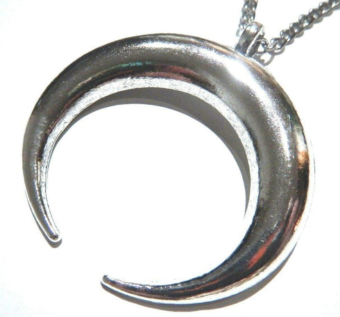 Oversized Silvertone Crescent Moon Pendant on Long Chain Necklace Gothic Occult Wiccan...