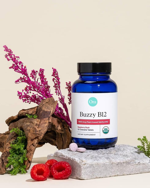 Ora Organic Vitamin B12 1500mcg - plant-based methylcobalamin for adults - Natural stimulant-free energy, Raspberry flavor chewable tablets, no ad...