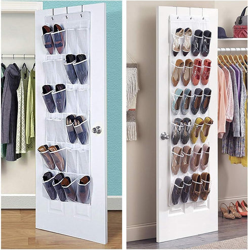 24 Pockets Over the Door Shoe Organizer, Folding Hanging Organiser Shoe Racks with Hooks, Heavy-Duty Hanging Mesh Shoe Holder for Badroom, Bathroo...