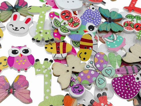 Kinteshun Wooden Buttons Natural Wood 2-Holed Fastener Buttons for Sewing Knitting Handcraft(100pcs,Assorted Cartoon Animals Printing Patterns)...