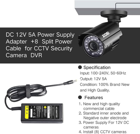 DC 12V 5A Power Supply Adapter with 8 Splitter Power Cable for Security Camera CCTV DVR Surveillance System...