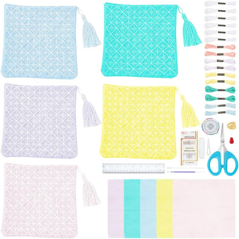 FREEBLOSS 5 Set Sashiko Coasters DIY Kit with Instructions Sashiko Kit for Beginners 5 Colors Sashiko Embroidery Coasters for Housewarming Gift......