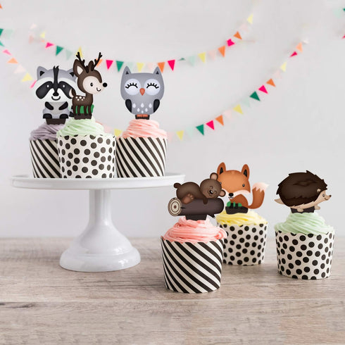 Pretty Cute Studios 48 Count Woodland Animals Cupcake and Cake Toppers – Includes 8 Owls, 8 Teddy Bears, 8 Raccoons, 8 Hedgehogs, 8 Foxes, and 8 R...