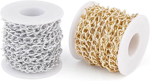 KISSITTY 32.8 Feet Aluminium Curb Chains Twisted Links Golden & Silver Plated with Spool for Bracelet Necklace DIY Jewelry Making...
