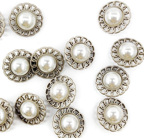 Half Faux Pearl Silver Chain Edge Sewing Shank Buttons 20 Pcs - 18mm, 23/32"...