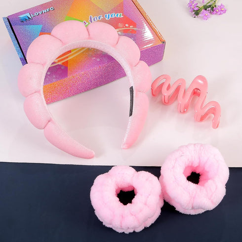 spa headband for washing face Pink set with 1 makeup headband & hair claw clips & 2 wrist band for women make up cute fluffy skincare headband chr...