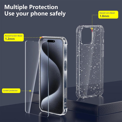 KSWOUS for iPhone 15 Pro Max Case Glitter with 2 Pack Screen Protector + 2 Pack Camera Lens Protector, Clear Glittering Cute Phone Case Shockproof...