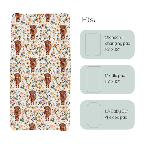 Highland Cow Boho Floral Changing Pad Cover for Baby Girls, Western Farm Animal Retro Flower Diaper Change Table Covers, Soft Stretchy Safe Snug F...