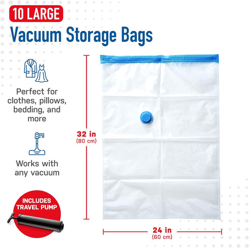 10 Pack Large Vacuum Storage Bags for Comforters, Blankets & Clothes – Vacuum Sealed Compression Bags with Hand Pump – Space Saver Storage Bags fo...