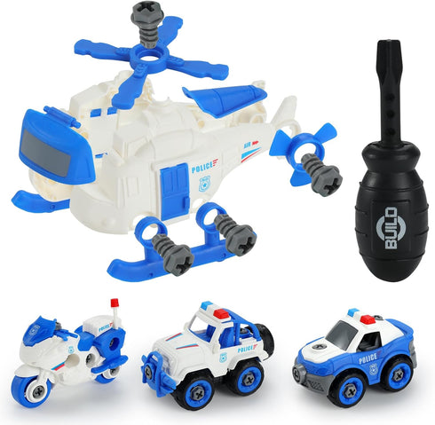 4PCS Take Apart Toys for 3-8 Year Old Boys Construction Toys DIY Assembly Police Car Toy Airplane Toy Motorbike Toy Boys Girls Kids Learning Educa...