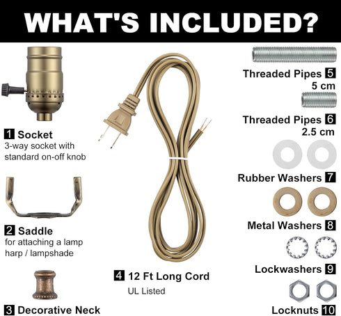 Qc Lamp Making Kit, Lamp Parts for Repair Replacement or Rewire Table and Floor Lamps, 3 Way Socket 12 Foot Matching Cord and Essential Hardware, ...
