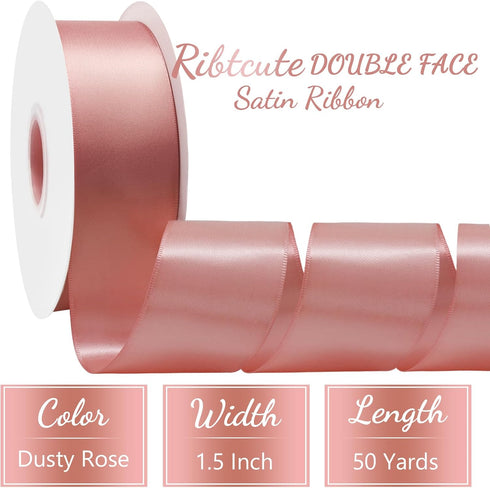 Pink Dusty Satin Ribbon 1 1/2 Inch x 50 Yards Double Faced Silk Ssatin Ribbon for Gift Wrapping, Flower Bouquet, Wreaths, Cuuting, Wedding, Ceremo...